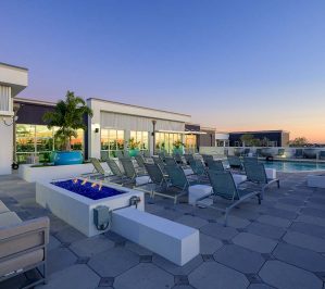 Outdoor lounge space with fire pit
